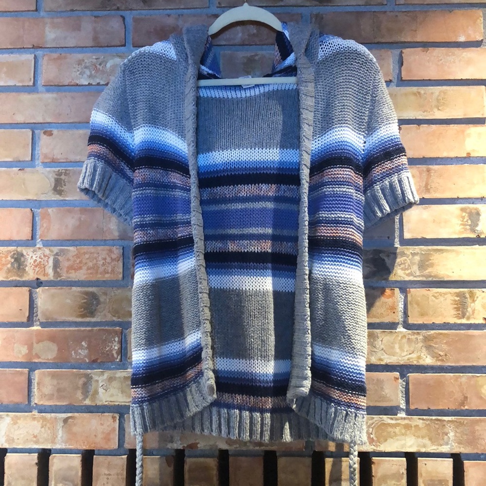American Rag Striped Hooded Short-Sleeve Sweater - Gray, Blue, White